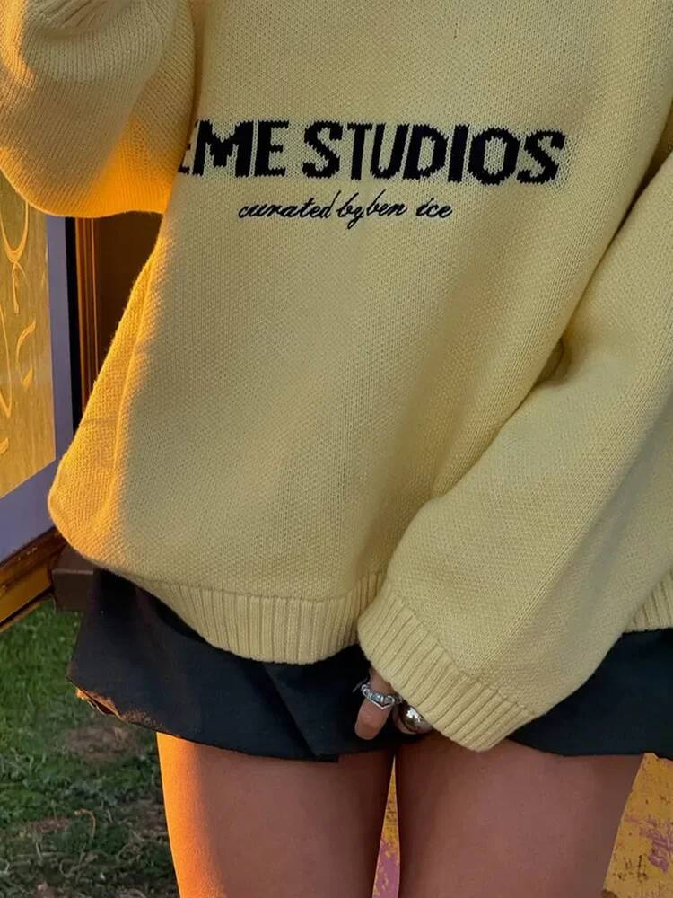 Round Neck Letter Print Knitted Top Women's Loose Long Sleeve Pleated Casual Sweaters Lady 2025 Daily Street Commute Outfits dongdumaoyi