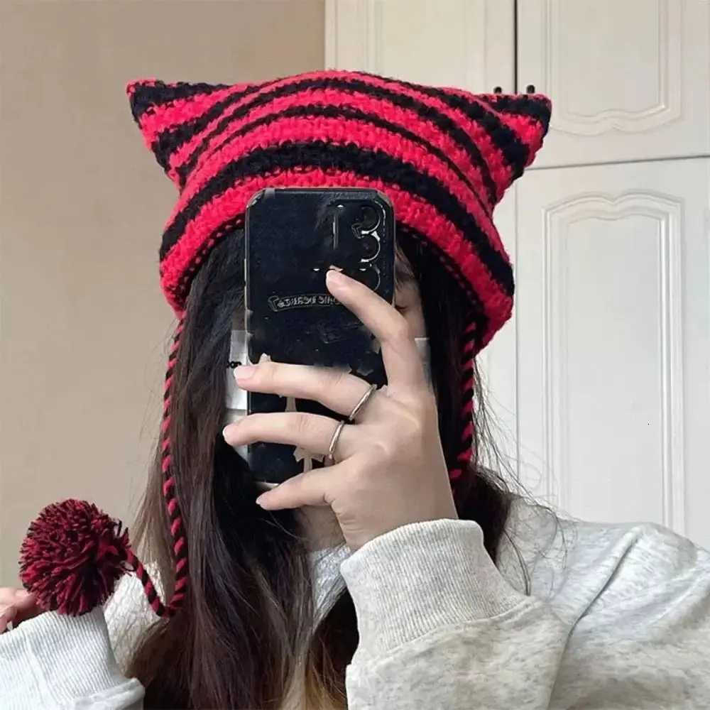 Gift Y2K Knitting Striped Beanie Hat Cute Wool Hanging Ball Knitted Beanie Hat Cat Ears Pointed Pulr Hats WomenXJ250910