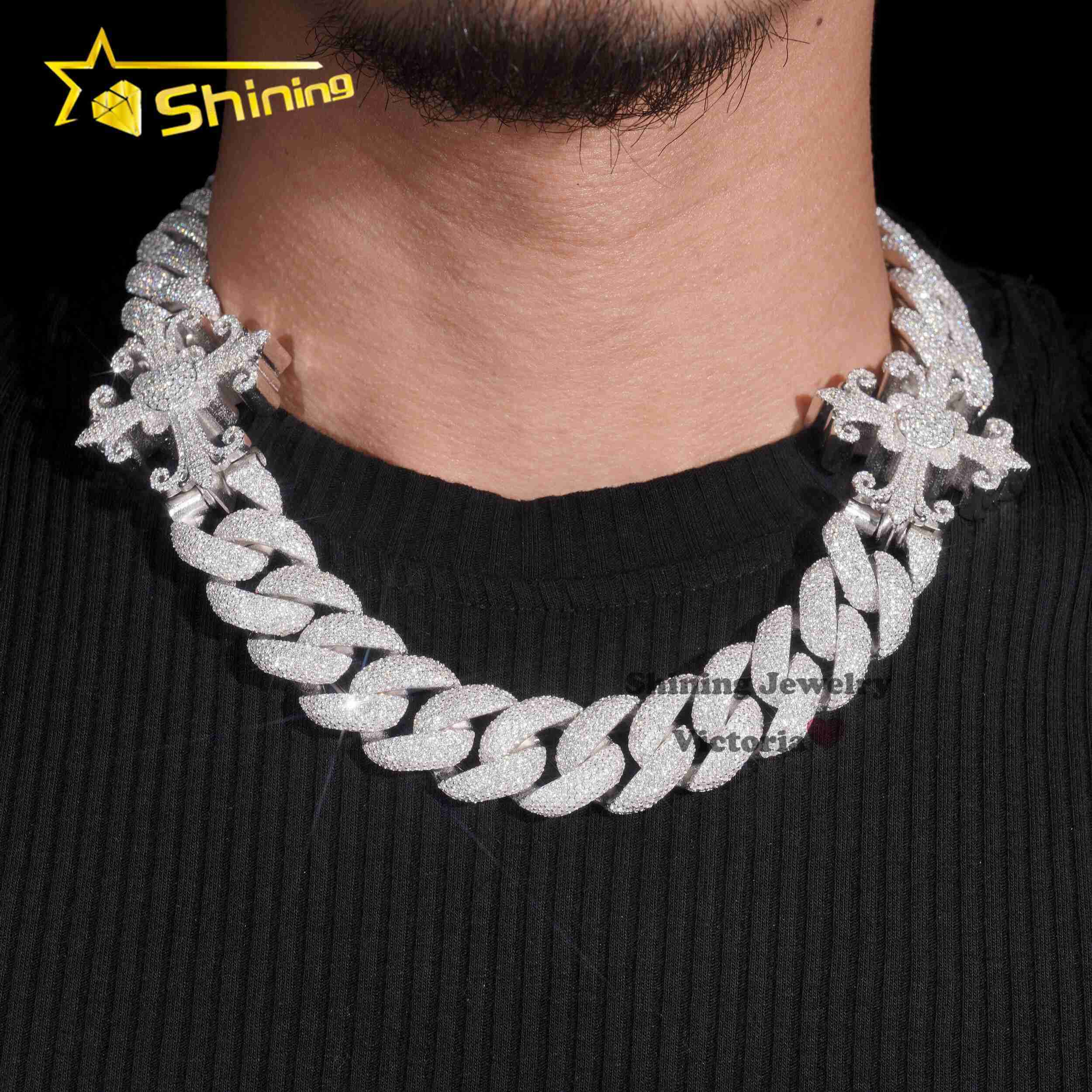 Custom Luxury Heavy Chain for Men 18MM Soild Silver Rappers Necklace Hip Hop Jewelry VVS Moissanite Diamond Cross Cuban Chain
