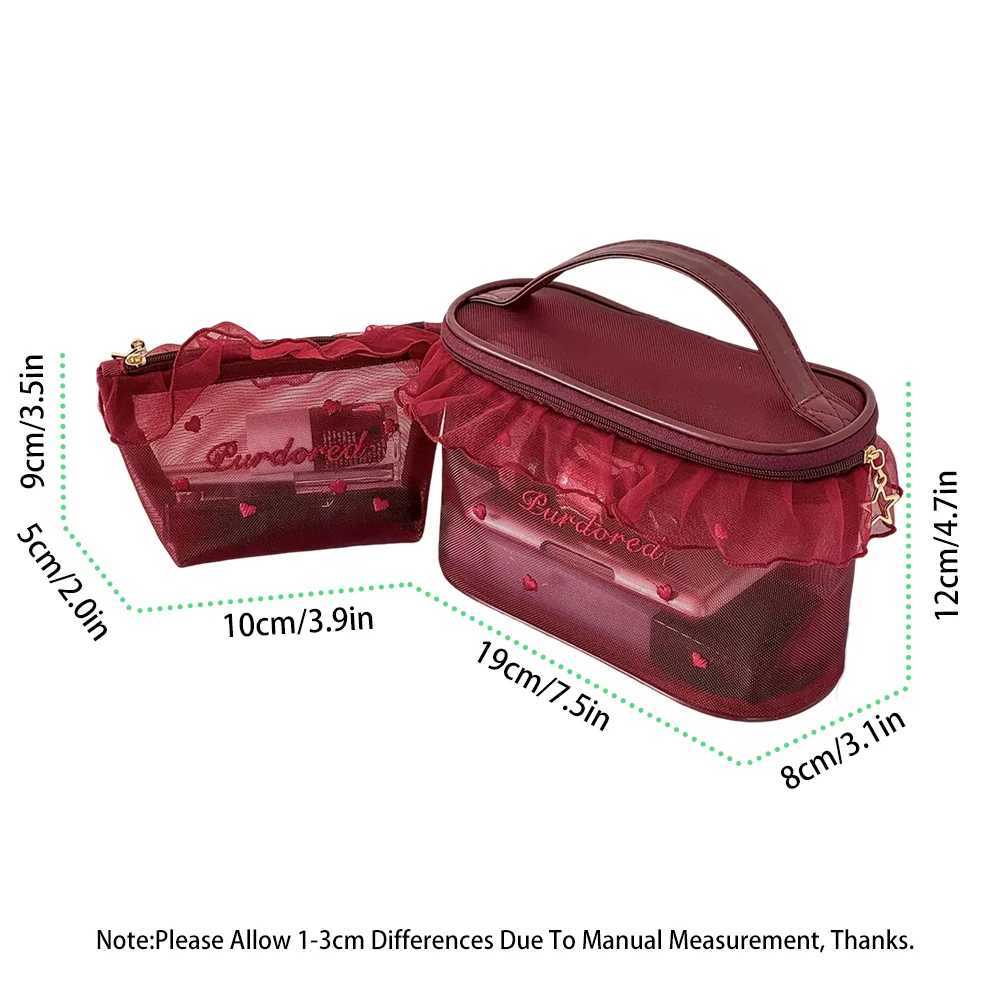 1pc Purified Red Mesh Makeup Bag with Ruffle Detail Love Embroidery Cute Portable Cosmetic Organizer for Girls Toiletry PouchXJ250910