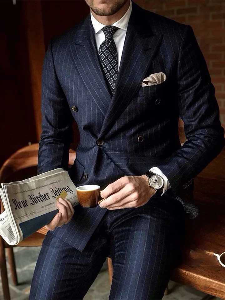 2 Piece Chic Pinstripe Navy Blue Men Suits Set High Quality Formal Double Breasted Peak Lapel Suit Slim Fit Smart Casual Tuxedo W250910