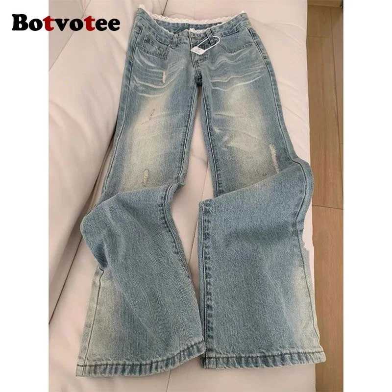 Botvotee Retro Classic American Vintage Denim Jeans for Women Low Waisted Straight 1950s1960s Inspired Jeans Light Blue Pants Z250910