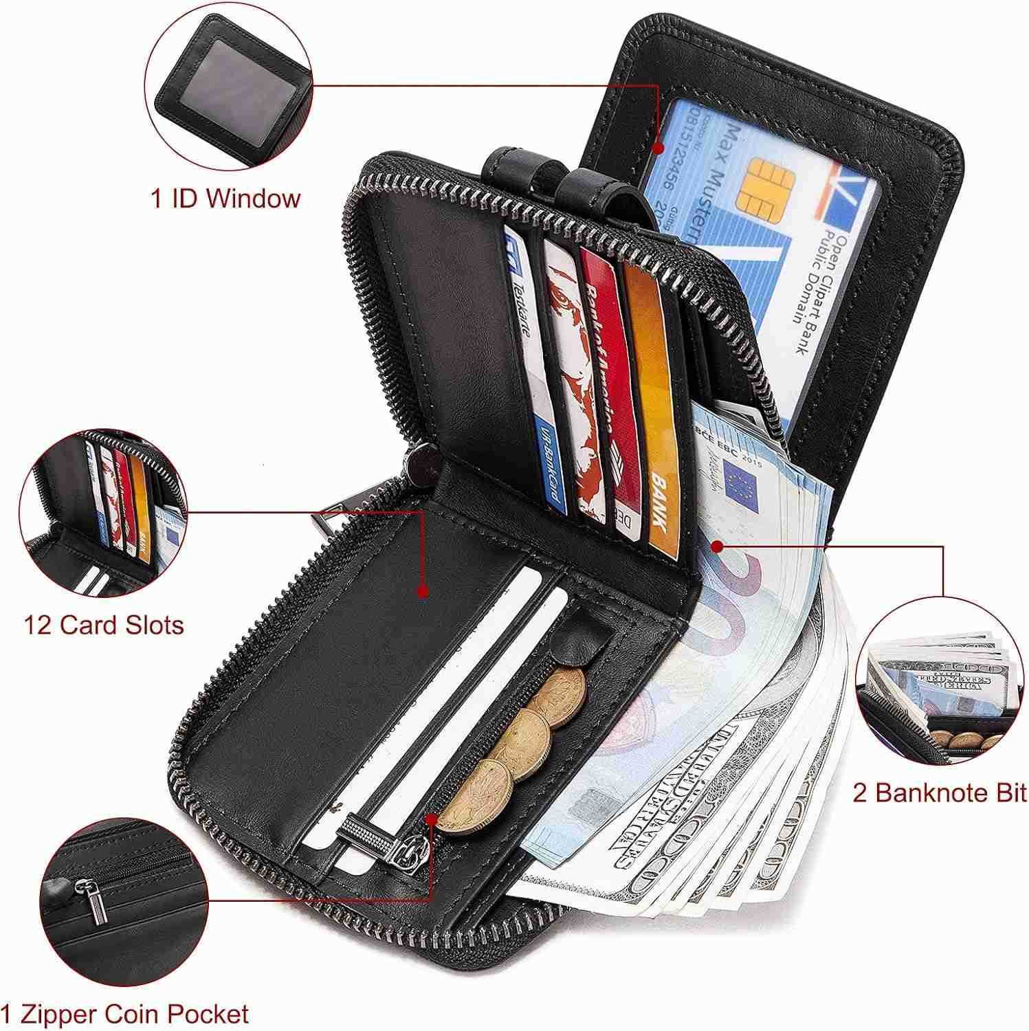 Men Wallet with Zipper Genuine leather Bifold Purse for Mens ID Window and Coin PocketZ250910