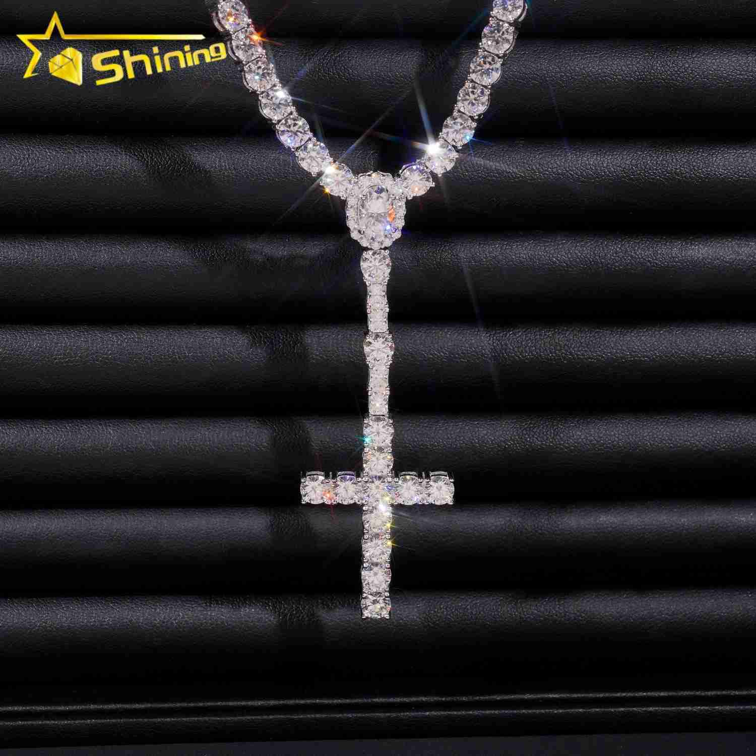 New Arrival Hot Sell Iced Out 5MM Width 925 Sterling Silver VVS Moissanite Rosary Cross Tennis Chain Necklace