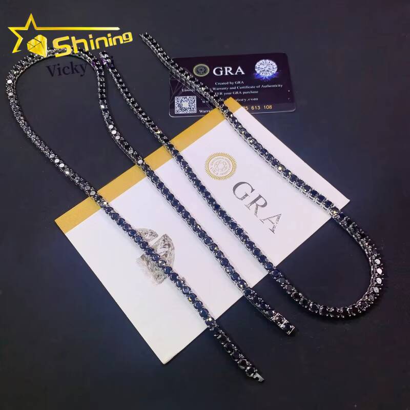 FaMoissaniteory Price Pass Diamond Tester 316L Stainless Steel 5mm Black Moissanite Tennis Chain Bracelet Necklace