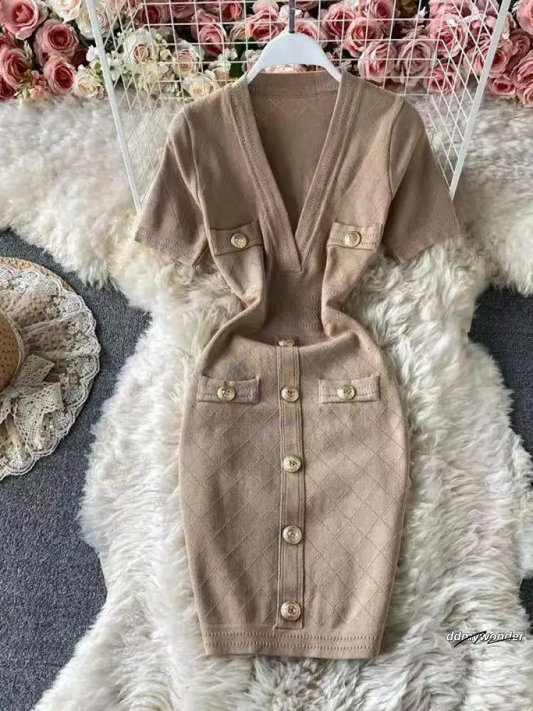 Womens Solid Deep Vneck Short Sleeve Elegant Aline Dress Springsummer Single Chest Office Knitted Wrap Hip Skirt 240826