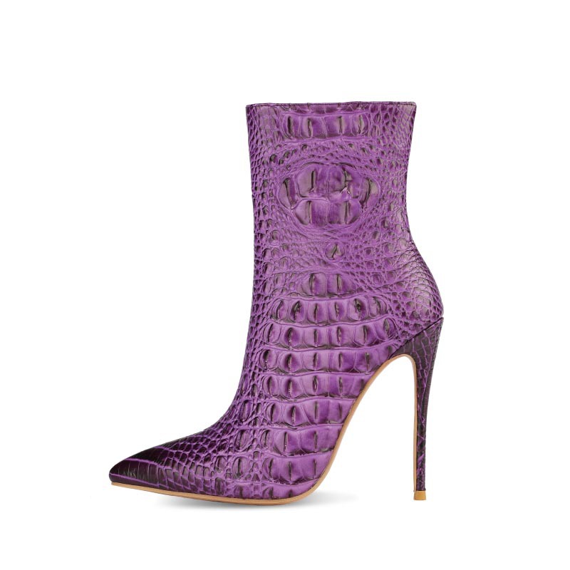 Chengdu Artisan 3D Crocodile Ankle Boots - Stiletto Heel Fashion Boots (Purple/Red/Cream) Custom Color Runway Boots