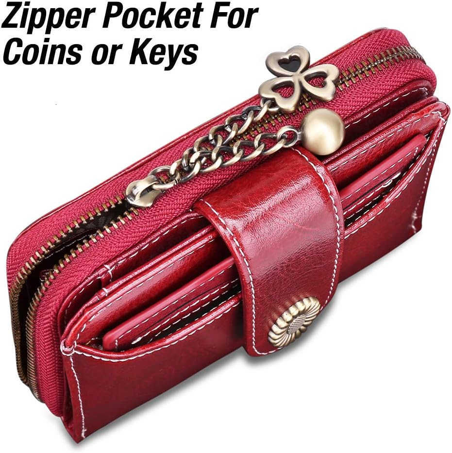 Wallet for Women Leather Small RFID Blocking Bifold Zipper Pocket Card Holder with ID Window Wine RedZ250910