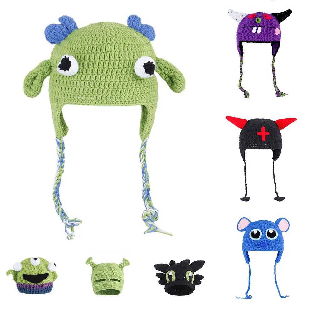 2023 New Monster Shrek Hat cute Winter Knitted Hats Green Party Funny Beanie Skullies C for Women Men Pure HandmadeXJ250910