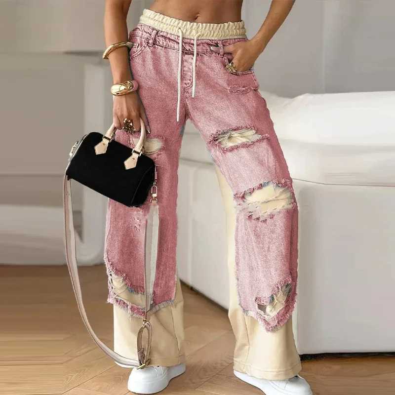 Casual Patchwork Jeans Women Loose Drawstring Low Waist Pockets Zipper Straight Leg Pants 2025 Spring Summer Street Lady Trouser Z250910