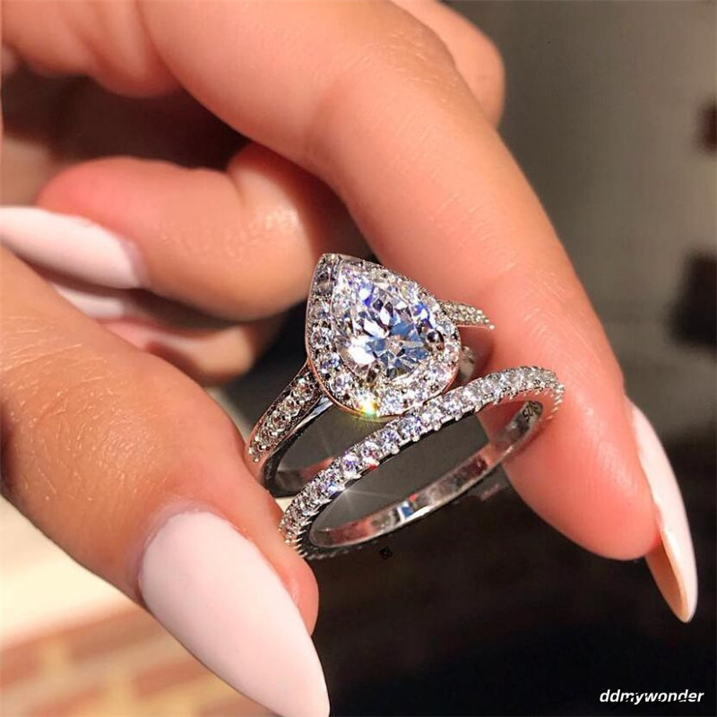 Classical Wedding Rings Jewelry Real Sterling Sier Water Drop 5A Zircon CZ Dia Gemstones Party Eternity Women Couple Bridal Ring Set Gift