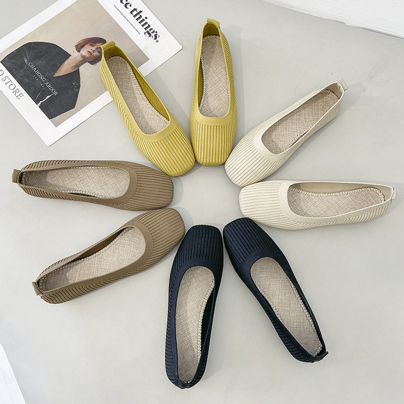 Designer single shoe women's flat shoes autumn new soft sole square toe shallow breathable slip on knitted grandma shoes women's casual shoe
