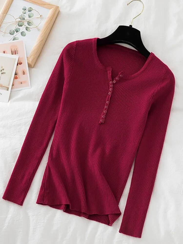 2025 Autumn Winter Button V Neck Sweater Basic Slim Pullover Women Sweaters And Pullovers Knit Jumper Soft Warm Tops dongdumaoyi