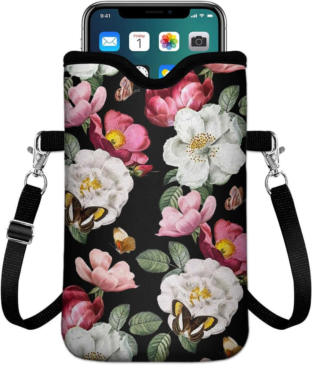 Neoprene Cell Phone Sleeve Pouch Case Bag with Crossbody Strap Neck Lanyard for Women Men 76 X 43 InchesSolid Black Shockproof Universal Phone Bag Z25