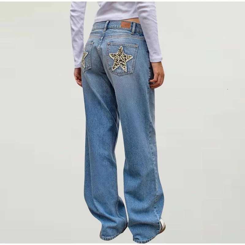 Denim belt leopard print star patch womens high waist straight legs jeans fashion clothing cleaning blue pants vintage trousers Z250910