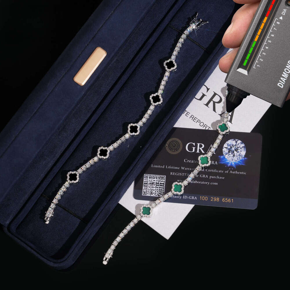 Fashion Style 3mm Iced Out Hip Hop Jewelry S Sier VVS1 Moissanite Dia Four Clover Leaf Cluster Tennis Bracelet