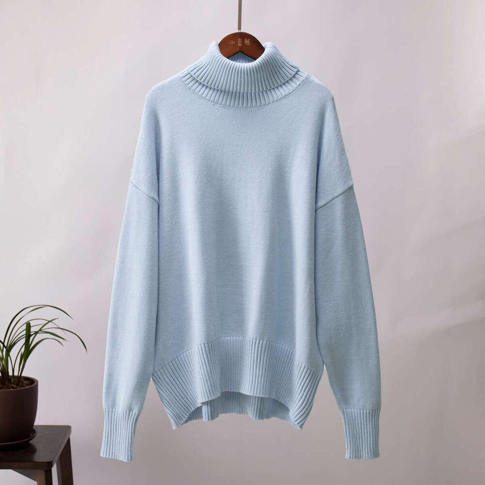 2025 European and American Autumn Winter Loose Knitted Pullover for Women, Solid Color Turtleneck Sweater