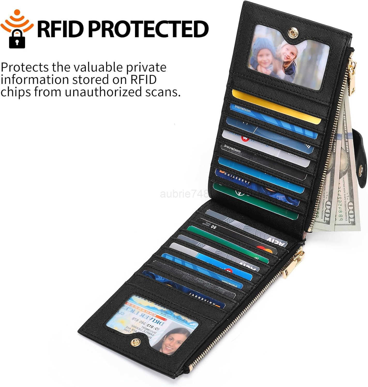 Slim Wallets for Women RFID Blocking Card Holder 2 Zipper Pockets Thin Ladies Clutch Purse BlackZ250910