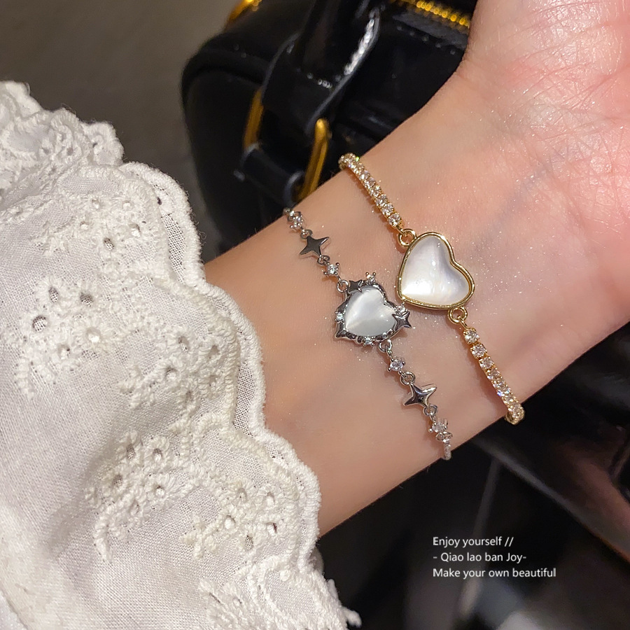 Silver - Toned Bracelet With Heart - Shaped Mother - Of - Pearl, Star Accents And Dainty Chain Delicate Daily & Elegant Jewelry Gift For Her High - Qu