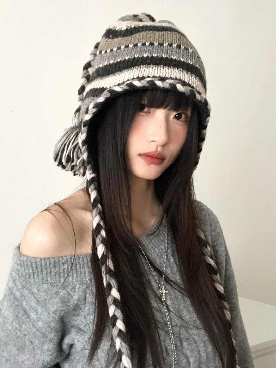 Retro Striped ColorBlocked Knitted Braided Woolen Hat For Women With Wool Earmuffs For Warmth In Autumn AndXJ250910
