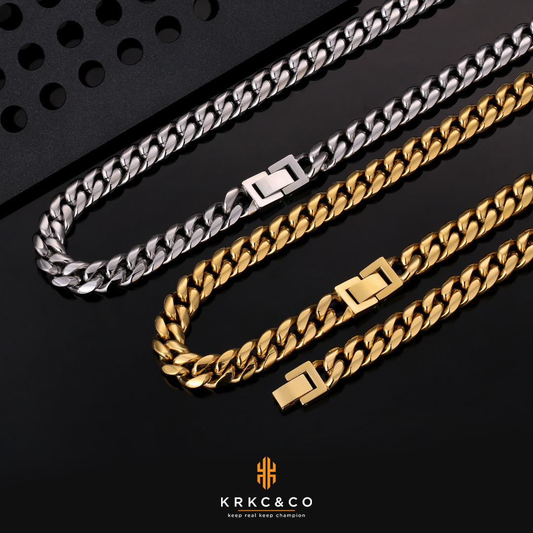 KRKC Custom Cuban Chain Set 14K Gold Plated High Quality Jewelry 10mm Hip Hop Black Rainbow Stainless Steel Cuban Link Necklace