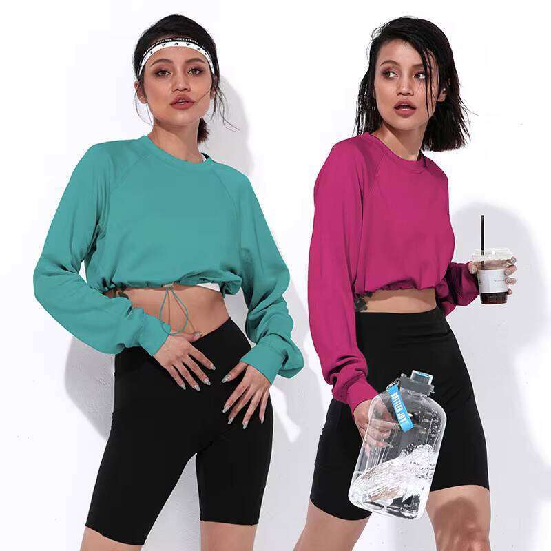 High-Quality Air Layer Drawstring Raglan Street Style Sweatshirt Women's Long Sleeve Crop Top