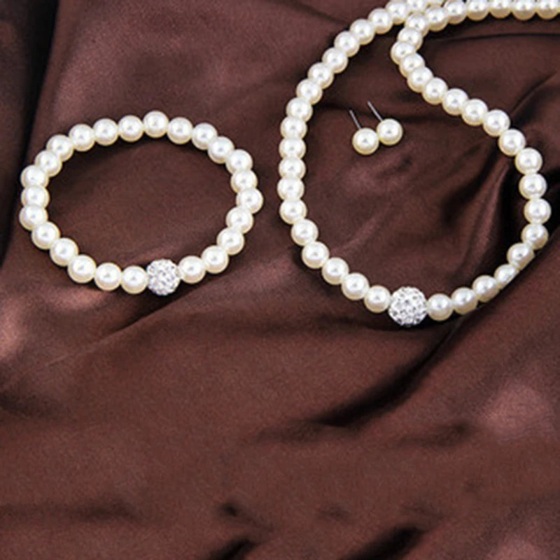 Fashion White Pearl Jewelry Sets y Rhinestone Ball Women Pearls Necklace Earrings Bracelet 250909