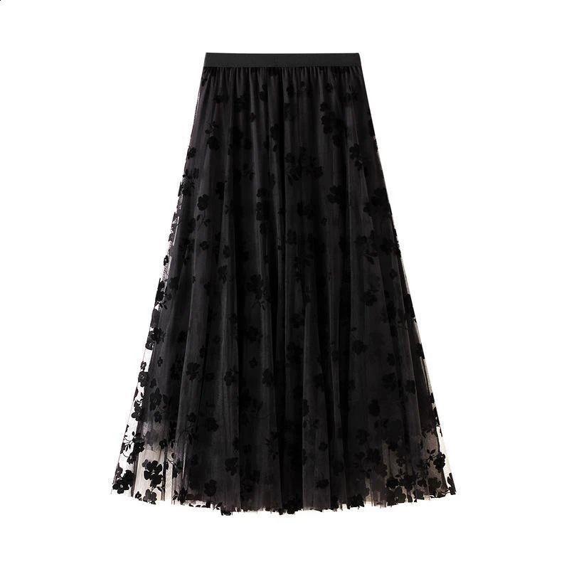 Elegant Floral Women Tulle Skirts High Waist Korean Flocking Pleated Midi Mesh Summer Office Ladies Skirt 250910