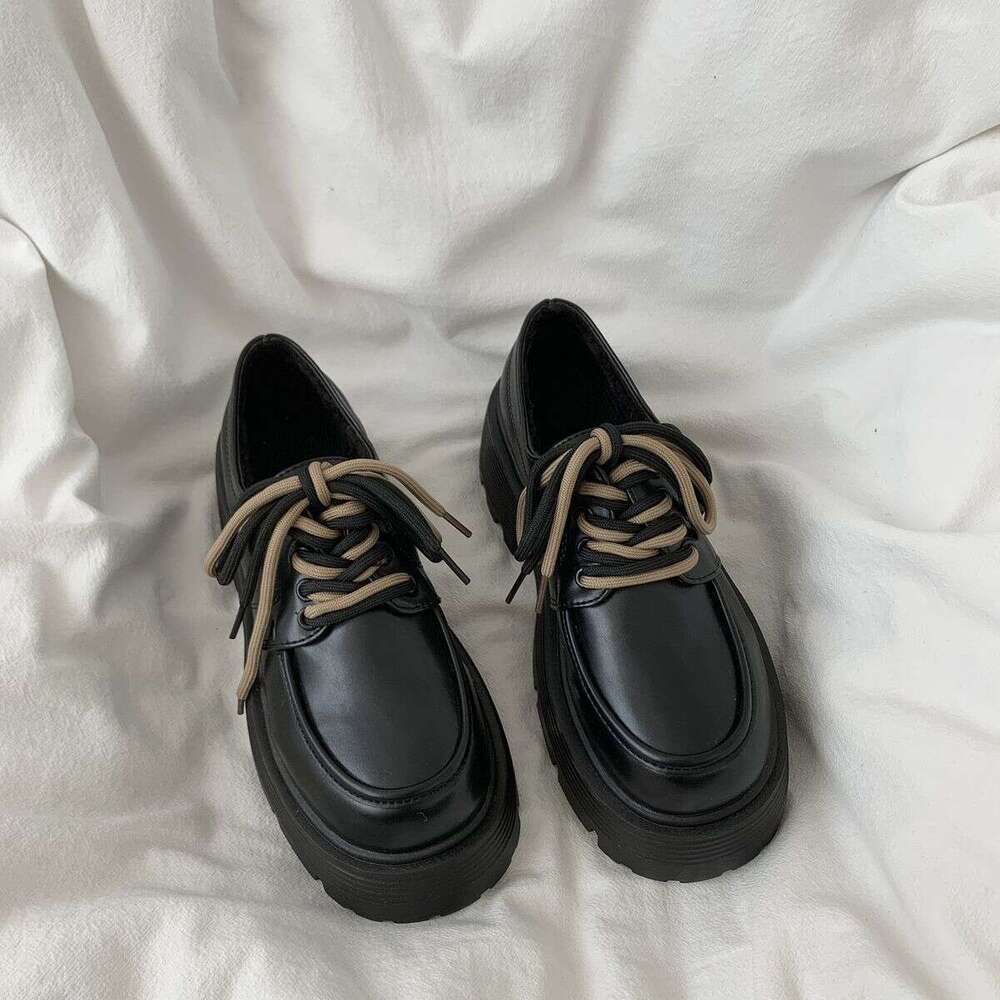 Chunky Heel Thick Sole Height Increasing Lace-up Black Designer Shoe Leather for Women 2025 Autumn New British Style Single Shoes