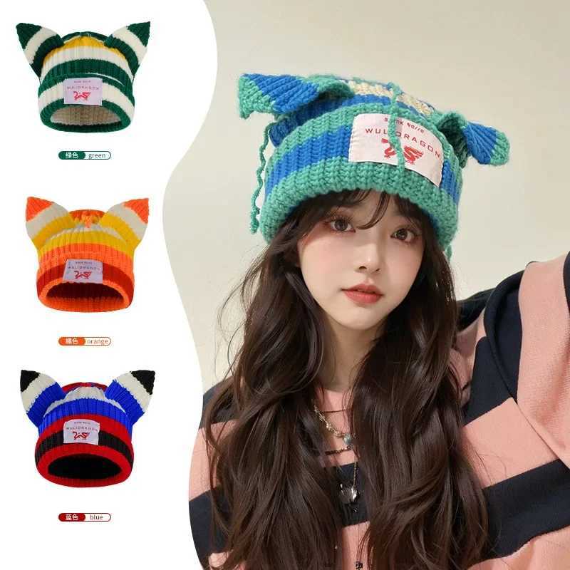 oy Cat Ear Knit Hat Doublelayer Warm Pig Ear Woolen Hat Cute Fashion Hooded C Niche Design Hiphop Personality Cold HatXJ250910
