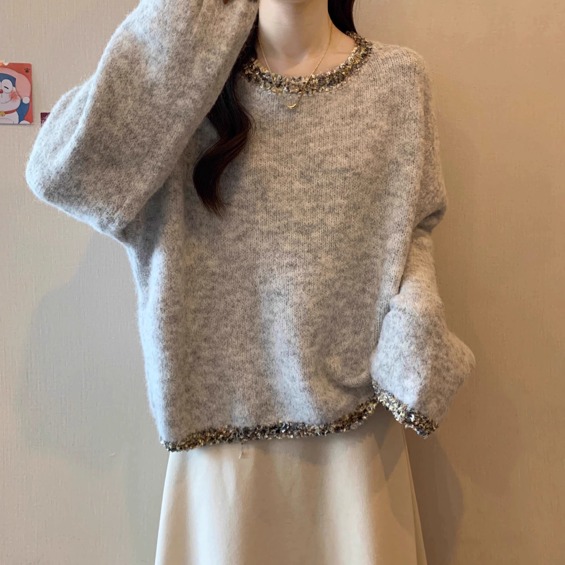 2025 French New Thick Craftsmanship Shiny Knitted Sweater Grey Women's Sweater Autumn/Winter Plus Size Fat MM Basic Shirt design Lightweight Desi