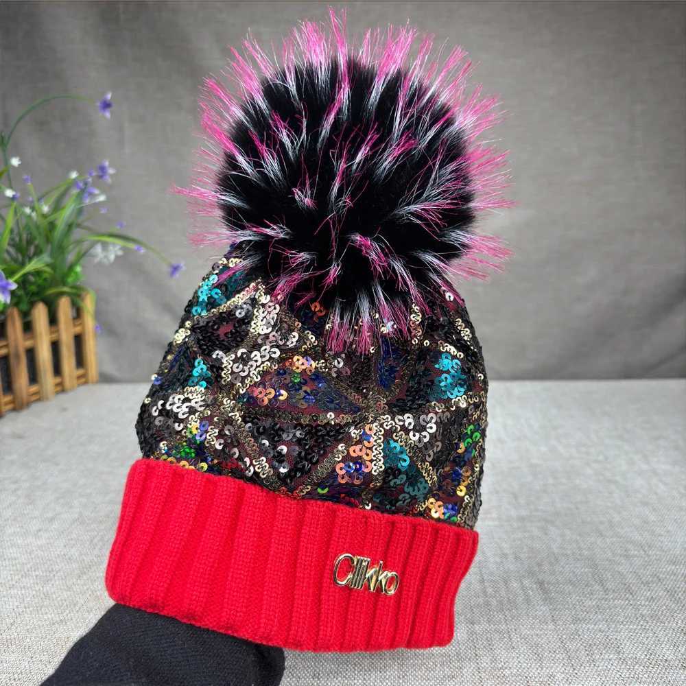 Cllikko brand sequins artificial fur ball knitted wool hat for wens autumn and winter warm ear protection fashion G250910
