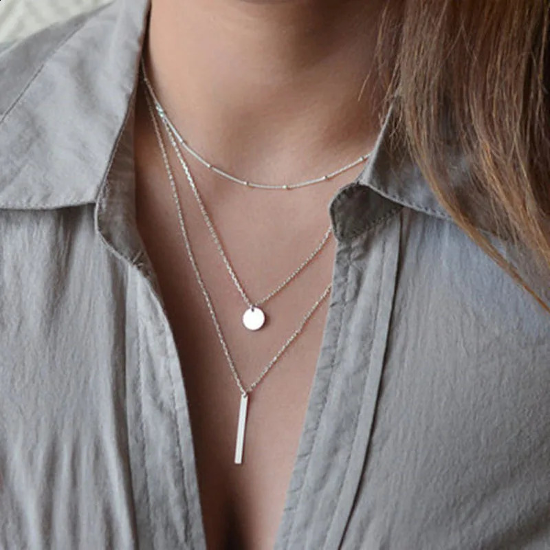 925 Sterling Silver Simple Three Layer Necklace Shiny Long Bar Pendant Women Wedding Gifts Exquisite Accessories250910