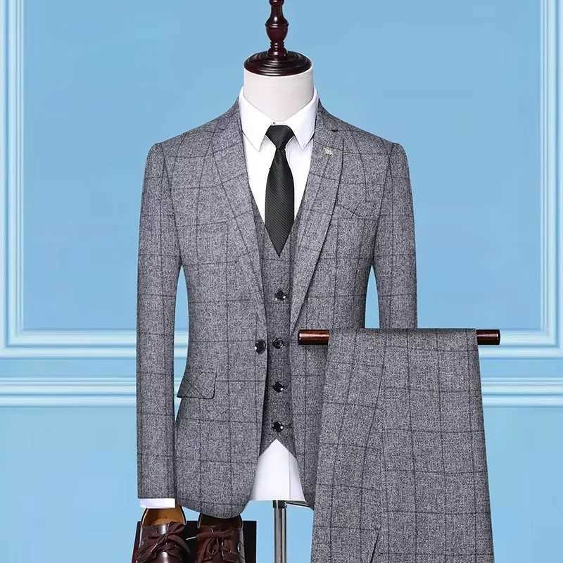British Style Men Plaid Vest Blazer Pants 3 Pieces Set Male Fashion High End Slim Wedding Banquet Business Suit Jacket Coat W250910