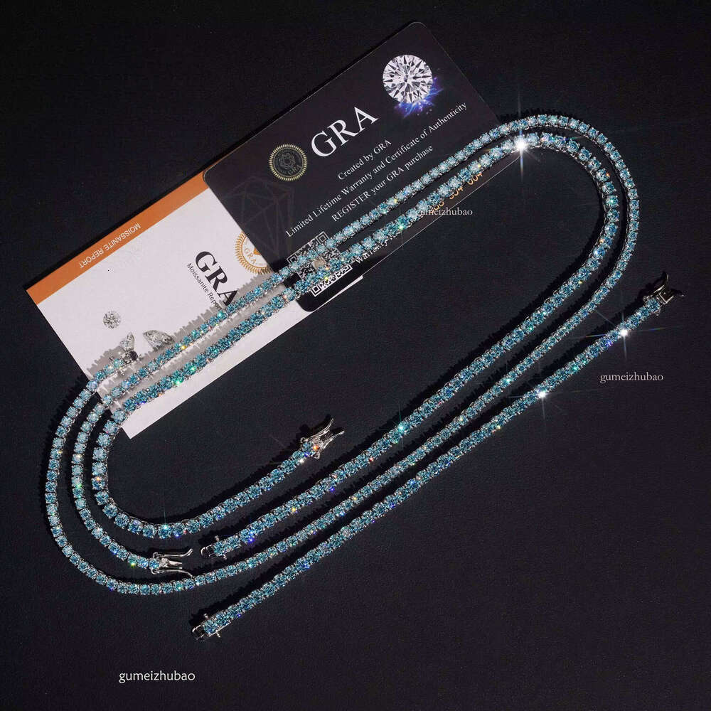 Ice crystal senior designer style Hip-Hop Tennis Chain Jewelry 3mm 4mm Aquamarine Blue Chrysolite Necklace