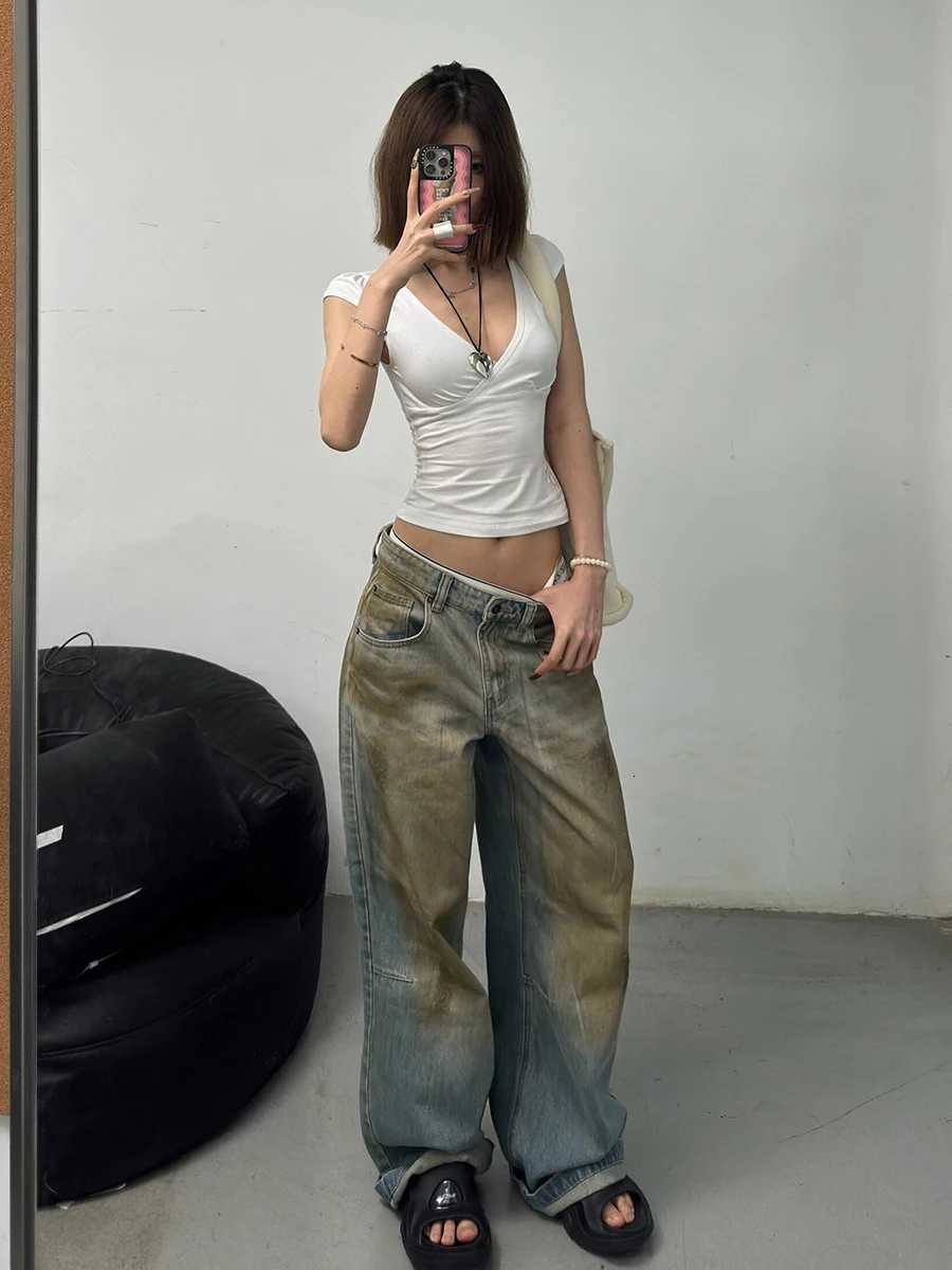 ReddaChic Vintage Wash Dirty Baggy Jeans Women Do Old Whiskers Unisex Casual High Waist Loose Wide Leg Pants Hip Hop Streetwear Z250910