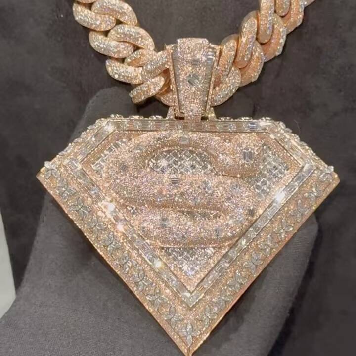 25inch Width Fancy Cut 3D Design Emerald Cut Setting Lab Grown Diamond Custom Name S Pendant 10K Rose Gold VVS1