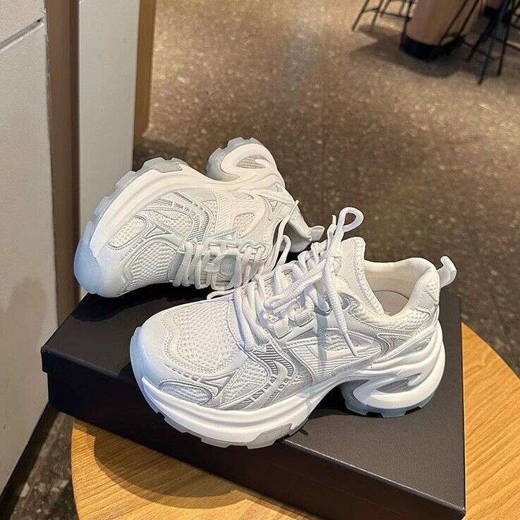 Silver Thick-Soled Dad Sneakers for Women 2025 Summer New Mesh Breathable Versatile Casual Height-Increasing Sports Shoes