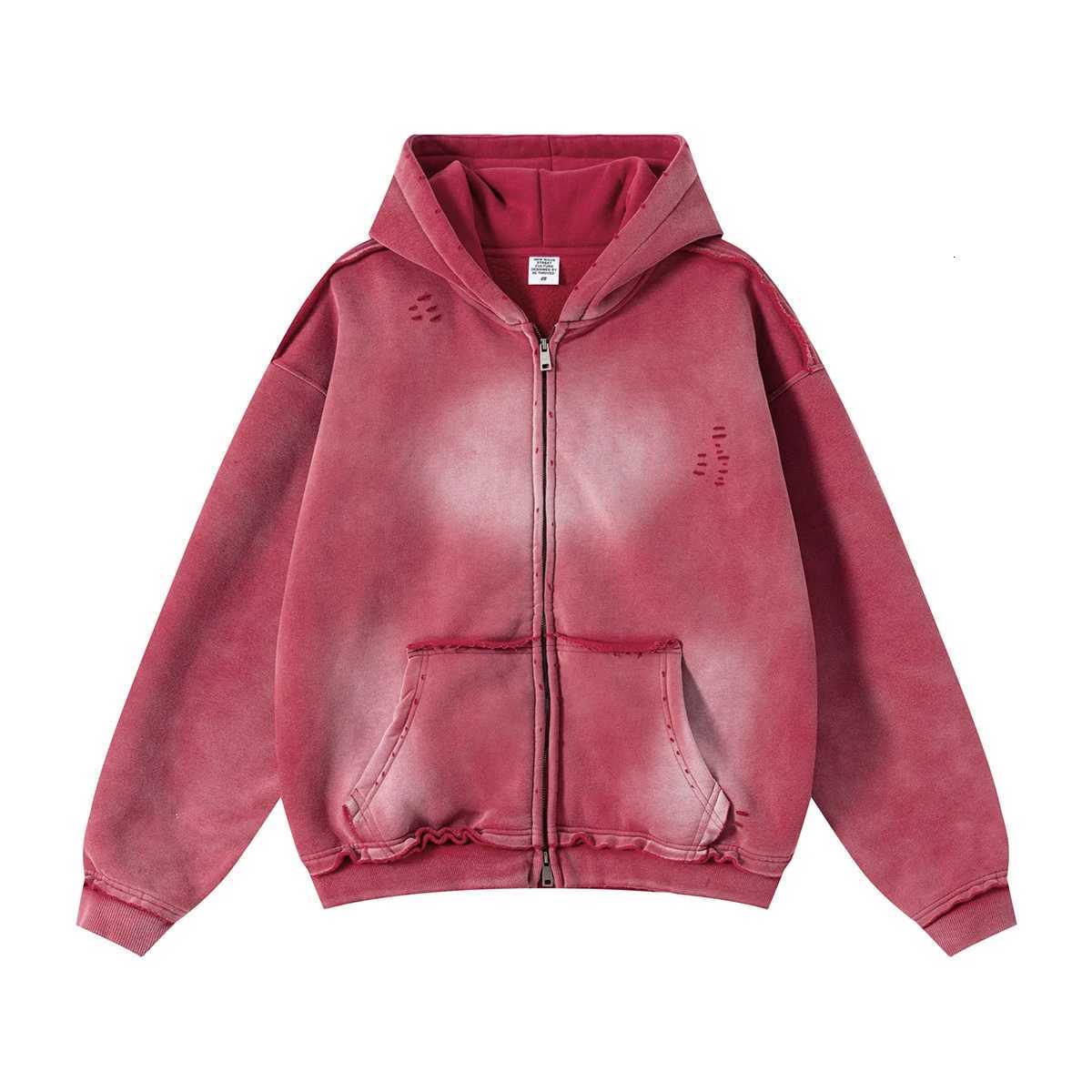 Mens Zip Up Hoodies Y2k Distressed Washed Oversize Cardigan Hoodie Plus Plush Tiedye Fraying Hooded Sweatshirt Autumn Winter X250910