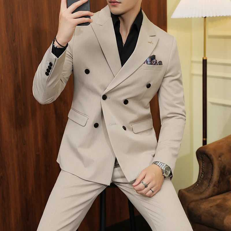 Mens Suits Blazers Pants Boutique Fashion Solid Color Doublebreasted Mens Casual Business Slim Suit 2piece Set W250910