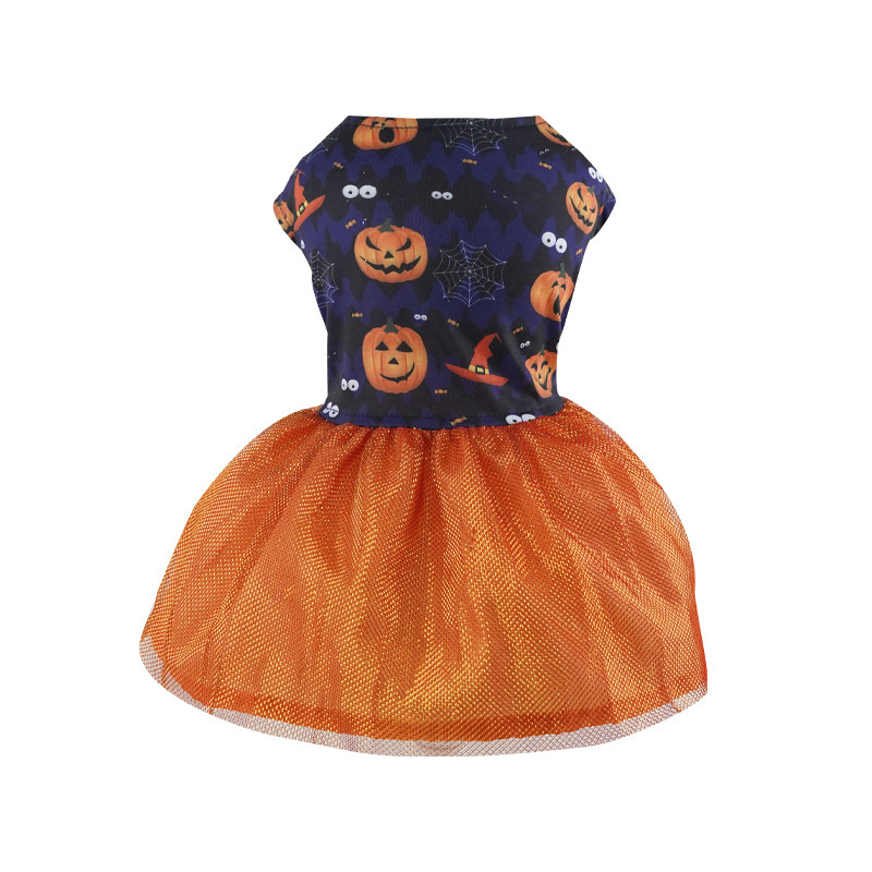 Halloween Dog Dress with Double-Layer Mesh Skirt Pumpkin & Colorful Skull Prints for Dogs 2-14kg Perfect for Halloween Parties Themed Events & Daily W