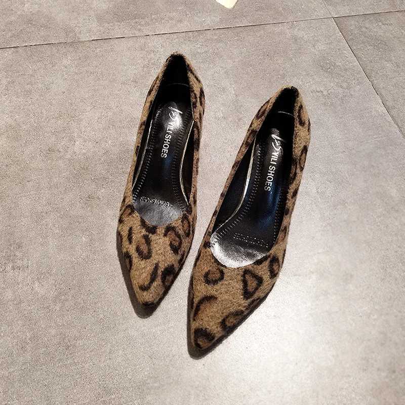 Leopard pattern thick high heels pointed toe shallow european woman shoes comfy fashion party sexy ladies pumps slip on footwear W250910