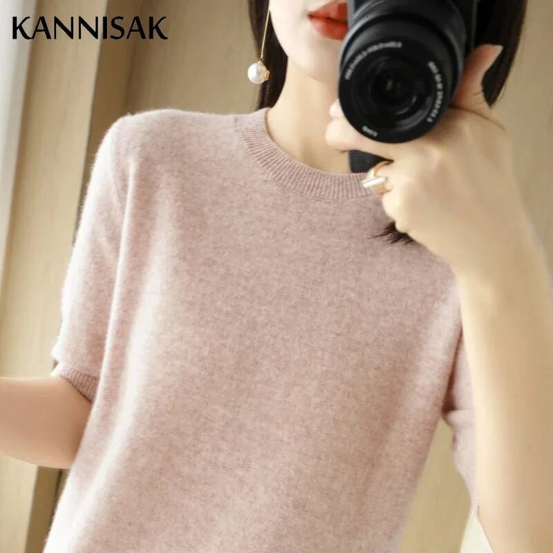 2025 Spring Summer Womens Sweater Short Sleeve O-neck Slim Fit Knitted Pullovers Bottoming Casual Knitwear Camel Pink Clothes dongdumaoyi