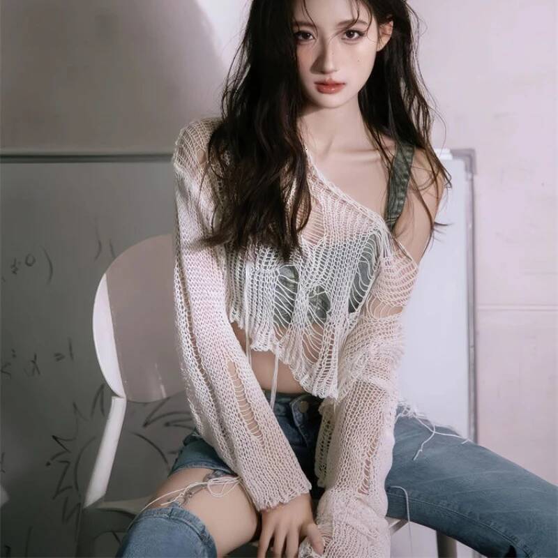 Sexy White Slash Neck Grunge Knitted Women's Sweater Hole Ripped Pullover Crop Top Haruku Hollow Out Fashion Summer Jumpers dongdumaoyi