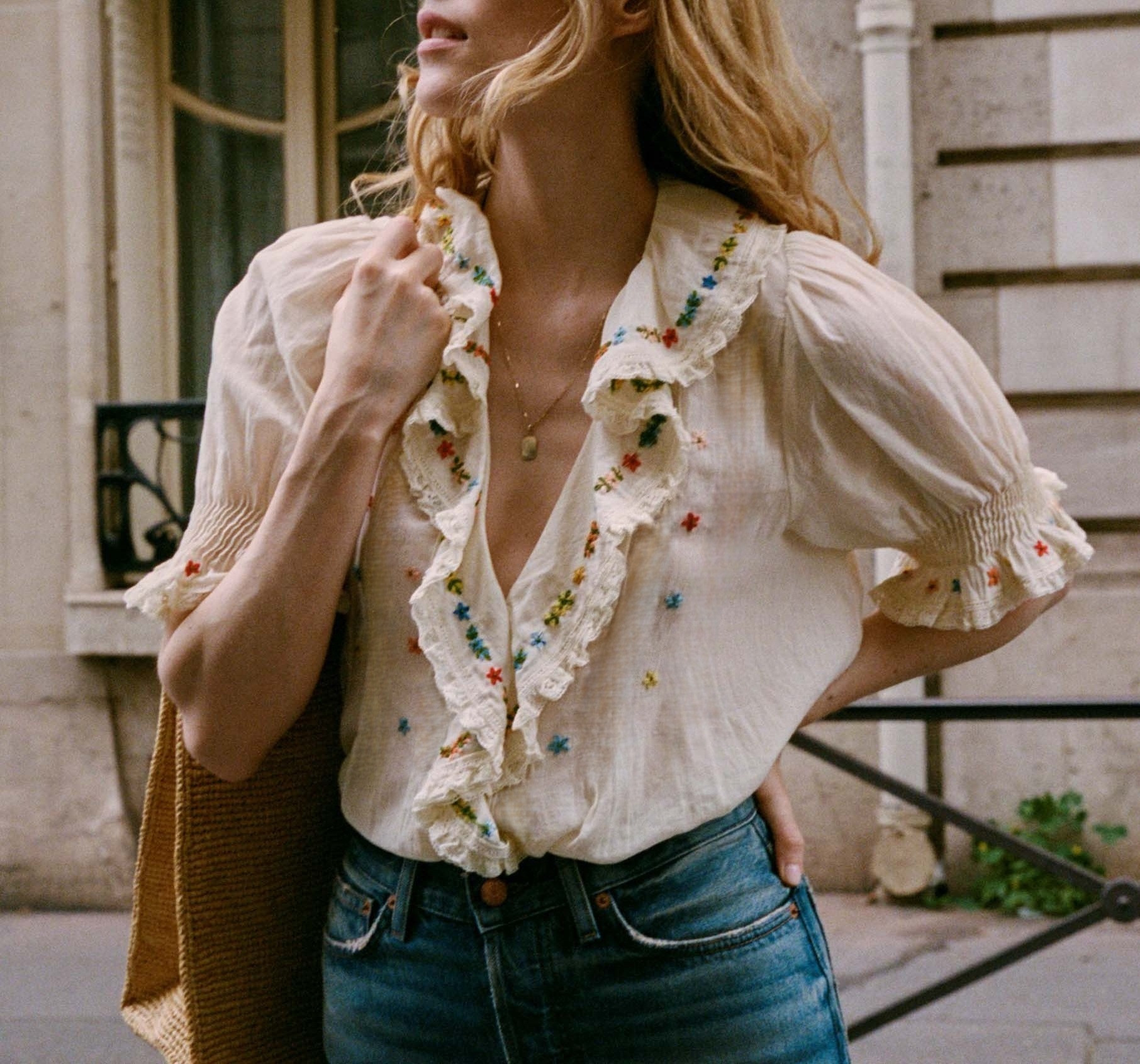 Colorful Flower Shirt Women Ruffles V-neck Puff Sleeve 2025 Early Autumn Prairie Chic Blouse for Female