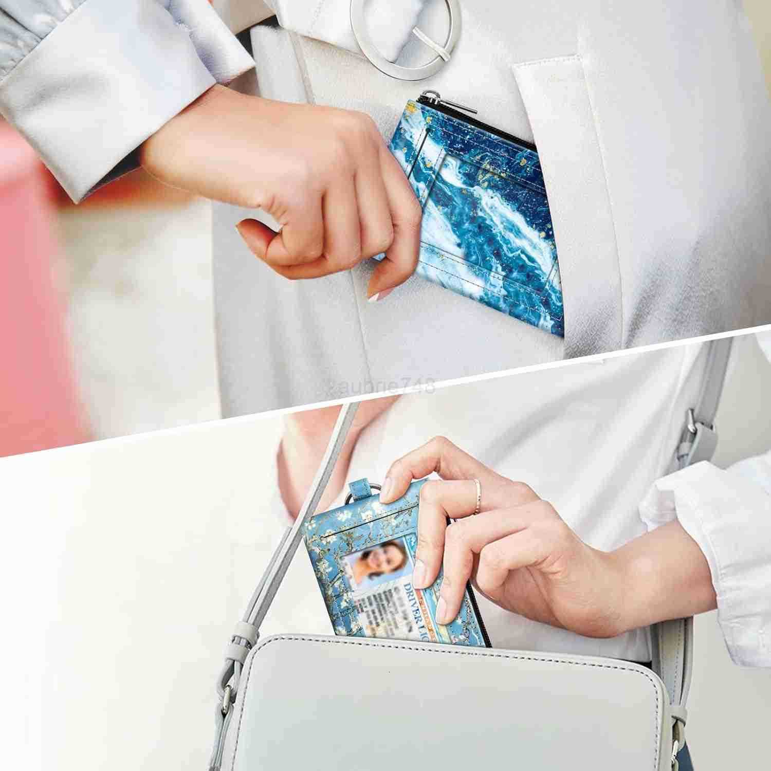Zip ID Case Card Holder Slim Coin Purse Wallet RFID Blocking Change Pouch with Key ChainZ250910