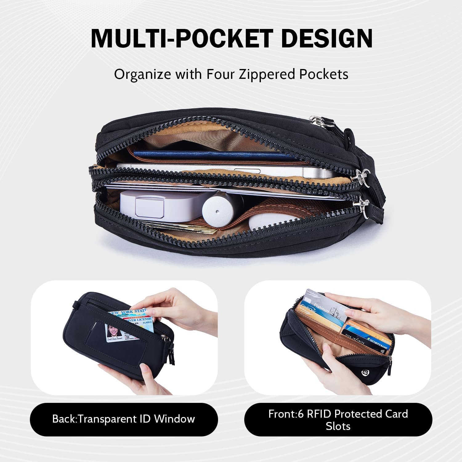 Small Nylon Crossbody Bags for WomenRFID Wristlet Purse Built in Wallet 4 Zipper Crossbody Wallet Phone OrganizerZ250910