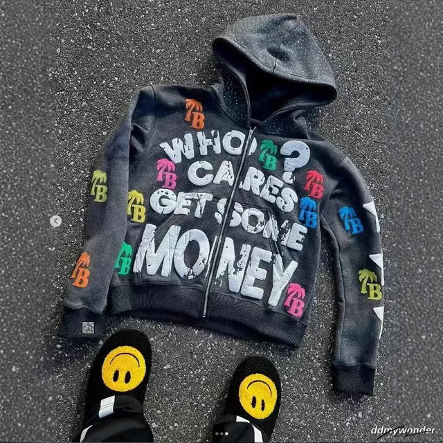 Men's Casual Hooded Sweatshirt: Trendy American Alphabet Pattern, Loose Fit, Retro Zipper Jacket Top ddmywonder ddmywonder