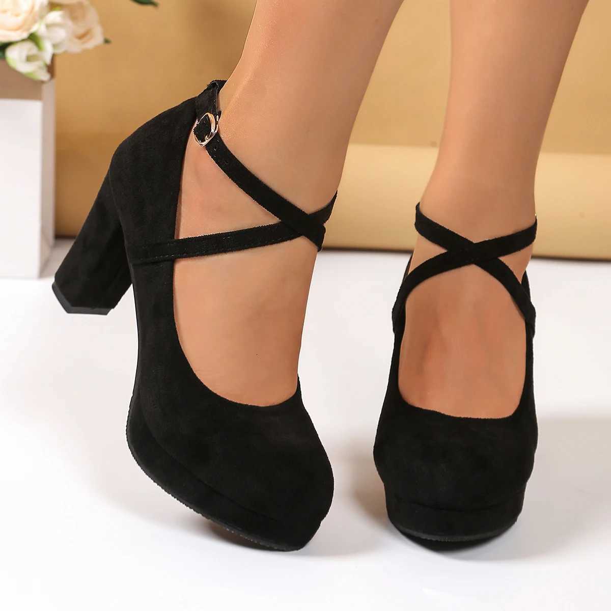 Women Shoes on Heels Women Platform Pumps Spring Summer Shallow Cross Strap Buckle Shoes Round Toe Shoes for Women High Heels W250910