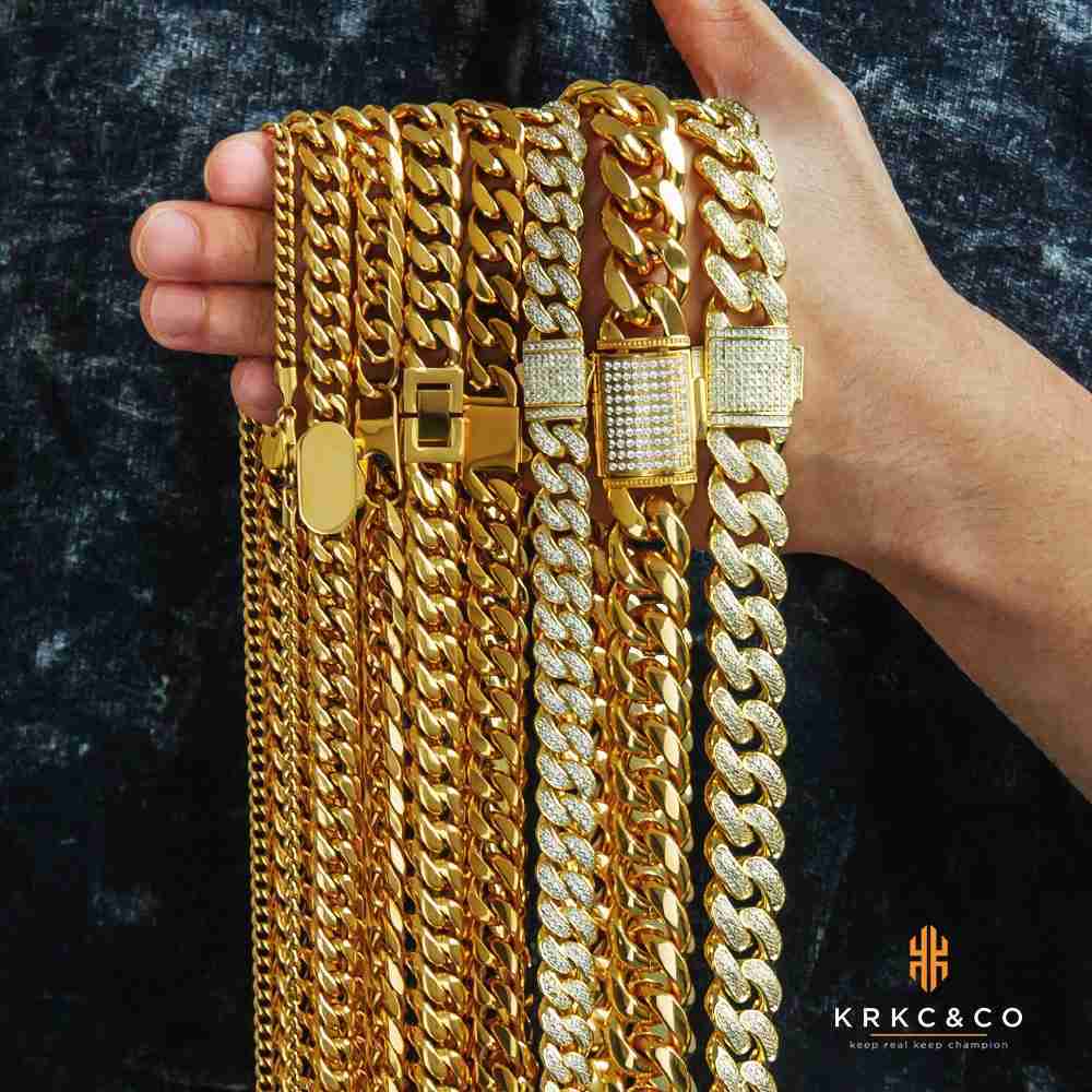 KRKC Wholesale Hiphop Cuban Necklace Gold Plated Bling Prong Link Women Fine Jewelry Diamond CZ Iced Out Miami Cuban Chain Men